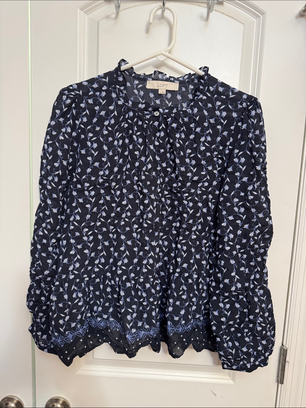 LOFT Navy and Light Blue Floral Ruffle-Trim Blouse